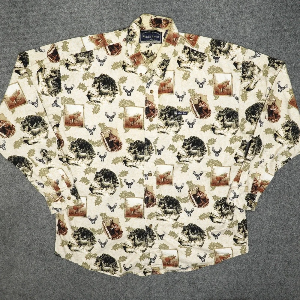 North River Shirt Mens XL Beige Nature Print Outdoors Wildlife Moose Deer Leaves